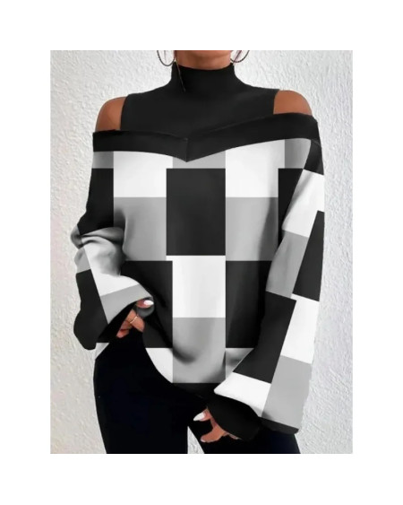 Autumn Fashion Print Off Shoulder Top Women Casual Round Neck Off Shoulder Long Sleeve Loose Pullover Tshirt Women