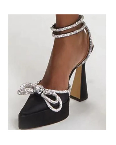 Women Pointed Toe Rhinestone Crystal Bowknot Ankle Strap Ladies Prom Footwear Sexy Platform Sandals High Thin Heels Ankle Buckle