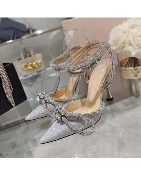 Ins style Glitter Crystal Women Pumps Sexy Ankle strap Rhinestones Bowknot Wedding High heels Fashion Summer Party Prom Shoes