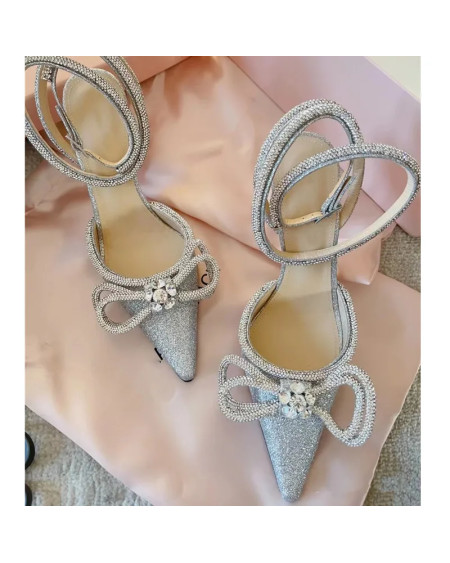 Ins style Glitter Crystal Women Pumps Sexy Ankle strap Rhinestones Bowknot Wedding High heels Fashion Summer Party Prom Shoes