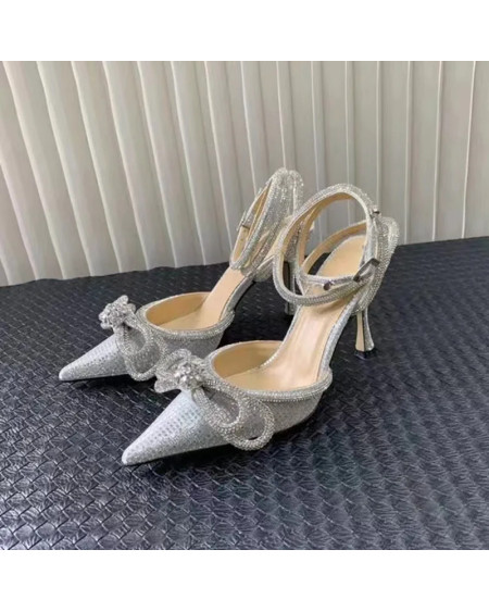 Ins style Glitter Crystal Women Pumps Sexy Ankle strap Rhinestones Bowknot Wedding High heels Fashion Summer Party Prom Shoes