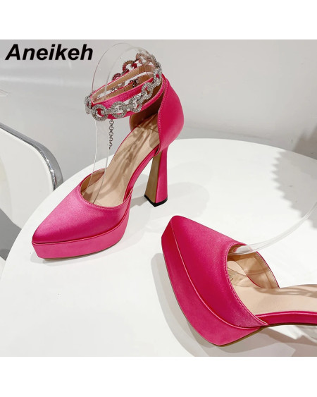 Aneikeh 2024 Women Mary Janes Chunky Heels Pointed Toe Platform Pumps High Heels Crystal Ankle Strap Buckle Wedding Party Shoes