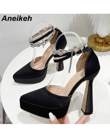 Aneikeh 2024 Women Mary Janes Chunky Heels Pointed Toe Platform Pumps High Heels Crystal Ankle Strap Buckle Wedding Party Shoes