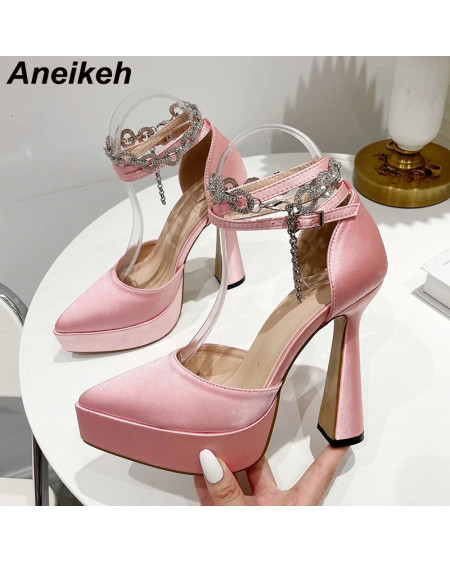 Aneikeh 2024 Women Mary Janes Chunky Heels Pointed Toe Platform Pumps High Heels Crystal Ankle Strap Buckle Wedding Party Shoes