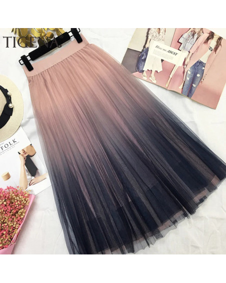 TIGENA Beautiful Gradient Color Long Tulle Skirts Women Korean A-line High Waist Pleated Maxi Skirt Female School Skirt Girls