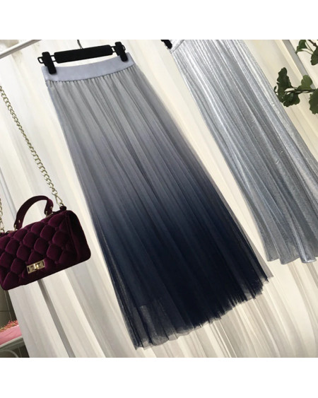 TIGENA Beautiful Gradient Color Long Tulle Skirts Women Korean A-line High Waist Pleated Maxi Skirt Female School Skirt Girls