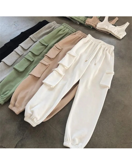 Spring Autumn Vintage Patchwork Joggers Sweatpants Harajuku Woman Trousers Elastics High Waist Pockets Drawstring  Solid Pants