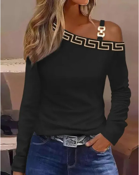 Fashion Women Chain Decor Cold Shoulder Textured Top 2023 Femme Casual Long Sleeve Top Office Lady Skinny Tee Shirts ’traf