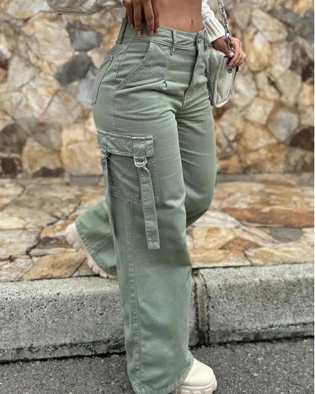 Green Cargo Pants Pocket Design High Waist Button Solid Color Pants 2023 Summer New Fashion Loose Women\'s Pants Streetwear