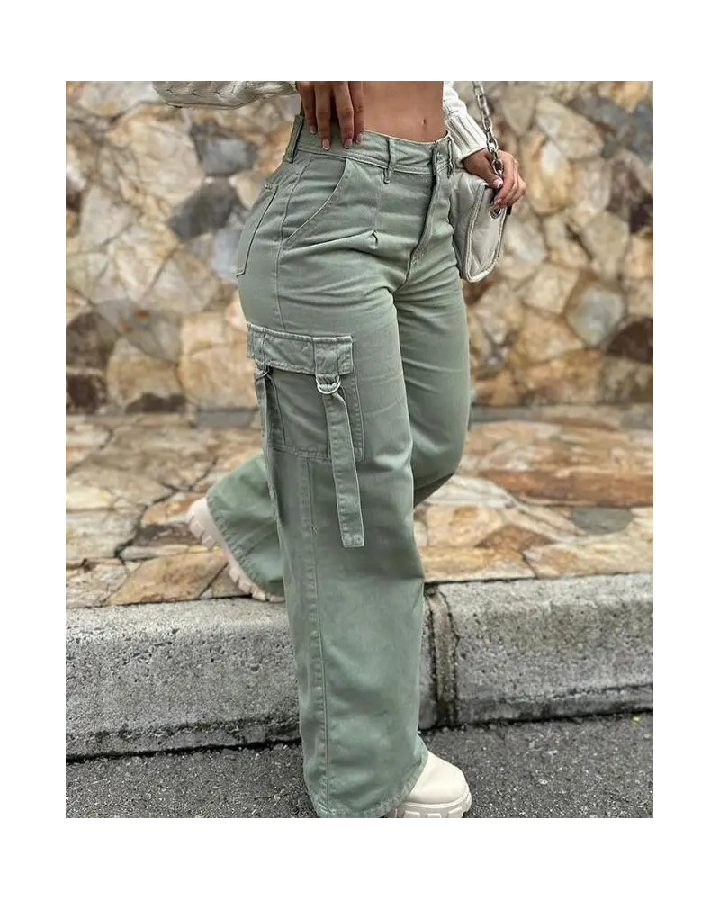 Green Cargo Pants Pocket Design High Waist Button Solid Color Pants 2023 Summer New Fashion Loose Women\'s Pants Streetwear