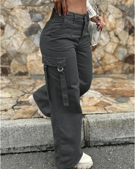 Green Cargo Pants Pocket Design High Waist Button Solid Color Pants 2023 Summer New Fashion Loose Women\'s Pants Streetwear