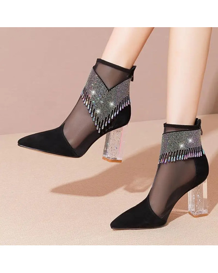 2022 New Women Mesh Sandals Boots,High Heeled Summer Shoes,Fashion Sexy Rhinestone Tassel,Pointed Toe,White,Dropshipping