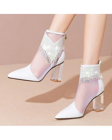 2022 New Women Mesh Sandals Boots,High Heeled Summer Shoes,Fashion Sexy Rhinestone Tassel,Pointed Toe,White,Dropshipping