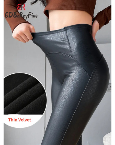 Sexy Slimming Pu Leather Leggings Women Winter Autumn Black High Waist Tights Stretch Soft Thin Fleece Leggings for Women Pants