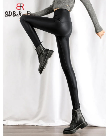 Sexy Slimming Pu Leather Leggings Women Winter Autumn Black High Waist Tights Stretch Soft Thin Fleece Leggings for Women Pants