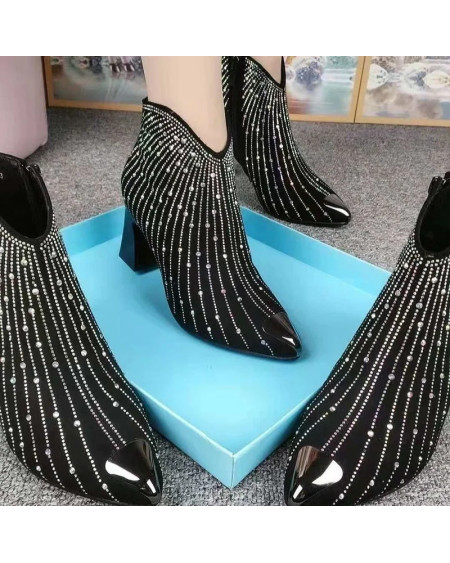 2022 New Women Rhinestone Ankle Boots,Fashion Autumn/Winter Shoes,Shine Short Botas,Side Zip,Pointed Toe,Black