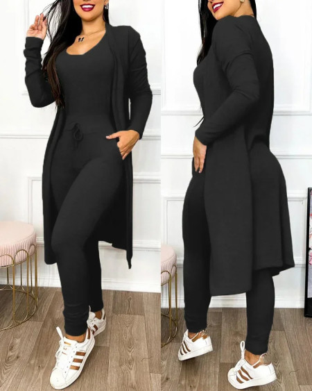 Women 2 Piece Set 2023 Autumn Fashion U-Neck Sleeveless Skinny Jumpsuit Female Casual Drawstring Pocket Long Sleeve Coat Outfit