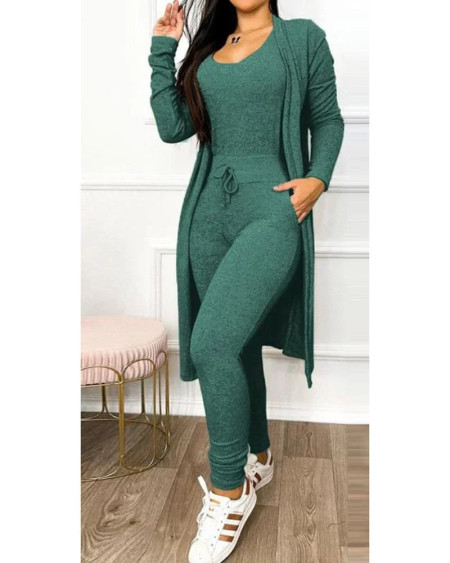 Women 2 Piece Set 2023 Autumn Fashion U-Neck Sleeveless Skinny Jumpsuit Female Casual Drawstring Pocket Long Sleeve Coat Outfit