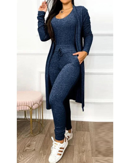 Women 2 Piece Set 2023 Autumn Fashion U-Neck Sleeveless Skinny Jumpsuit Female Casual Drawstring Pocket Long Sleeve Coat Outfit