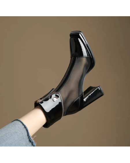 Sexy Black Mesh High Heels Ankle Boots Women 2023 Autumn Front Zipper Patent Leather Boots Woman Square Toe Thick Heeled Pumps