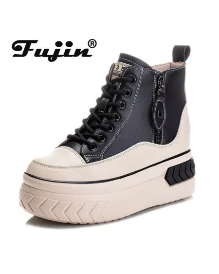 Fujin High Top Women Shoes Genuine leather 8cm Platform Boots Wedge Hidden Heel Zip Spring Autumn Warm Fur Winter Shoes Sneakers