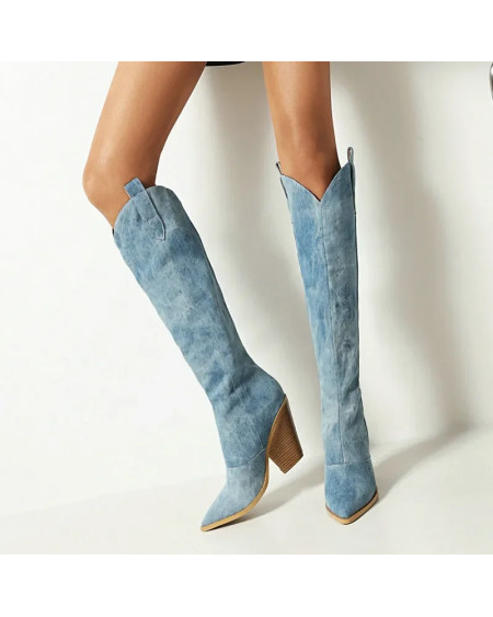 Fashion Denim Western Women Knee Thigh High Boots New 2024 Autumn Winter High Heel Cowboy Long Boots Size 43 Slip on Woman Shoes