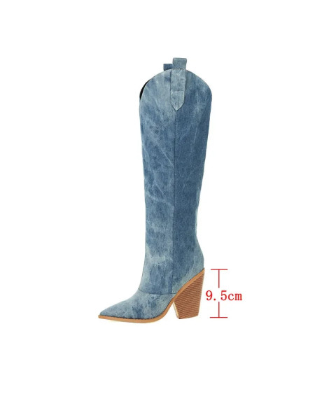 Fashion Denim Western Women Knee Thigh High Boots New 2024 Autumn Winter High Heel Cowboy Long Boots Size 43 Slip on Woman Shoes