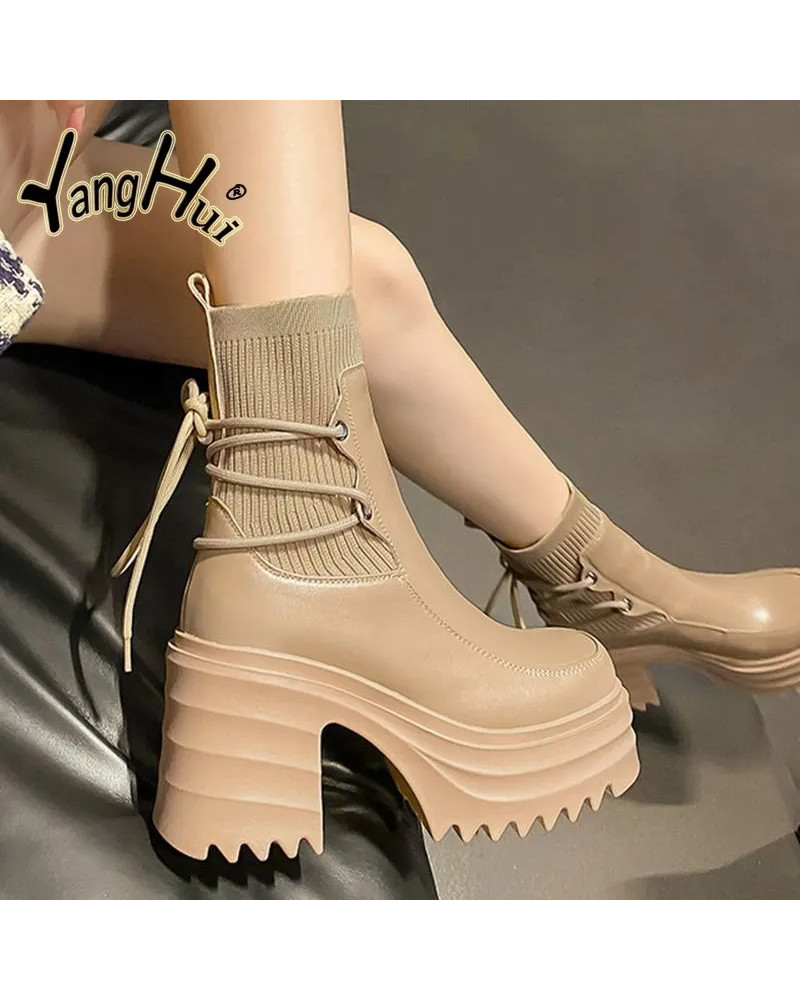 2023 New Ankle Modern Boots Cotton Fabric Lace FashionBlack Chunky High Heel Super High Platform Shoes for Women Spring Autumn