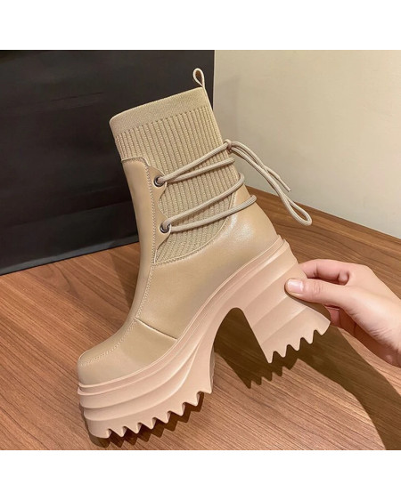 2023 New Ankle Modern Boots Cotton Fabric Lace FashionBlack Chunky High Heel Super High Platform Shoes for Women Spring Autumn