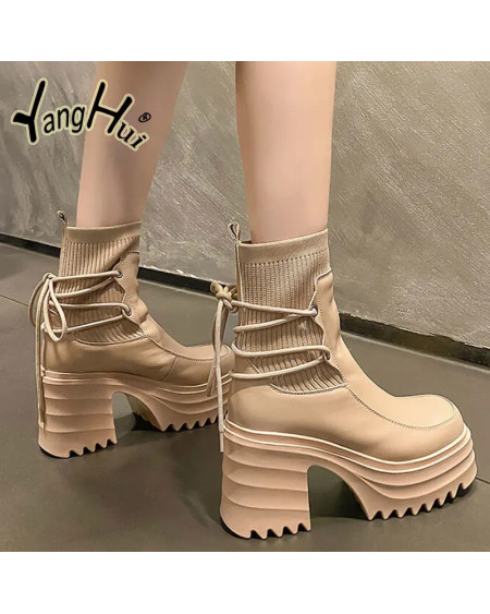 2023 New Ankle Modern Boots Cotton Fabric Lace FashionBlack Chunky High Heel Super High Platform Shoes for Women Spring Autumn