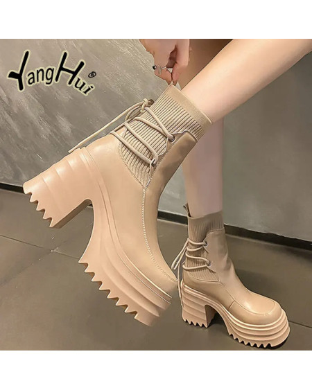 2023 New Ankle Modern Boots Cotton Fabric Lace FashionBlack Chunky High Heel Super High Platform Shoes for Women Spring Autumn