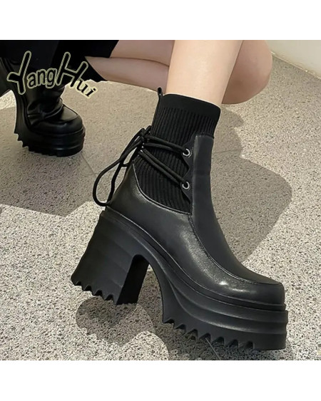 2023 New Ankle Modern Boots Cotton Fabric Lace FashionBlack Chunky High Heel Super High Platform Shoes for Women Spring Autumn