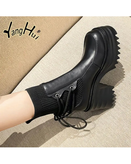 2023 New Ankle Modern Boots Cotton Fabric Lace FashionBlack Chunky High Heel Super High Platform Shoes for Women Spring Autumn