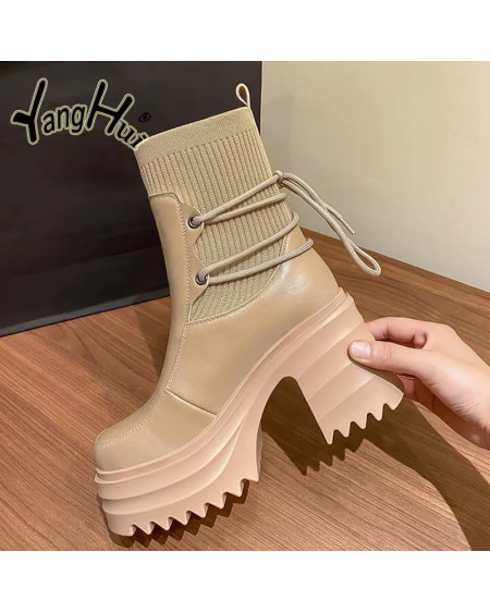 2023 New Ankle Modern Boots Cotton Fabric Lace FashionBlack Chunky High Heel Super High Platform Shoes for Women Spring Autumn