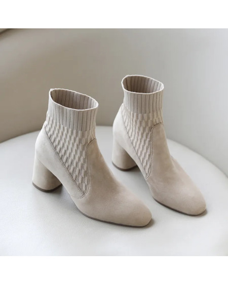 Pointed Ankle Boots Winter Women New Casual Chelsea Boots Women Medium Heel Knitted Sock Boots Women Faux Suede Female Heels