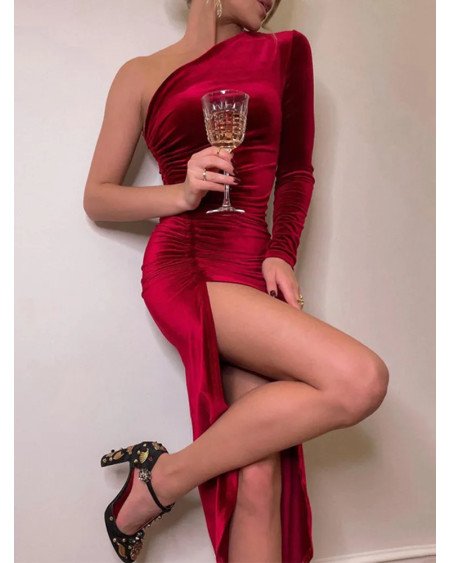 Women Elegant Long Sleeve Party Evening Velvet Bodycon Split Pencil Midi Dress 2023 Spring Autumn Clothes