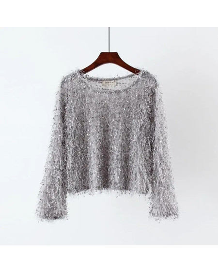 Blouse Women Tassel Top Autumn Loose round Neck Furry Shiny Long Sleeves Shirts Blusas Ropa De Mujer