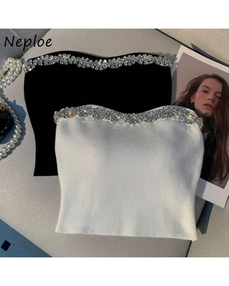 Neploe Diamond Studded Vest Sweet  Spicy One-Shoulder Bra Top Sexy Royal Wrapped Chest High Grade Beautiful Back Strap Camis