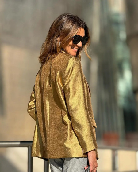 Autumn Gold Color Blazer Jacket For Women Fashion Loose V Neck Long Sleeve Coat 2023 Elegant Lady Chic Party Streetwear New