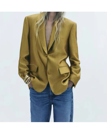 Autumn Gold Color Blazer Jacket For Women Fashion Loose V Neck Long Sleeve Coat 2023 Elegant Lady Chic Party Streetwear New