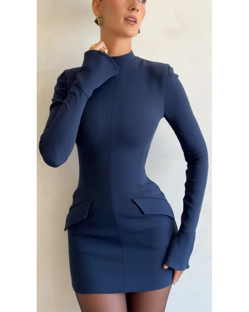 Women Elegant Dark Blue Commuting Mini Dress 2023 Autumn Sexy Pocket Long Sleeve Bodycon Dresses Lady Chic Party Club Robe