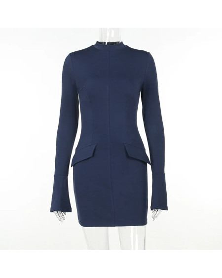 Women Elegant Dark Blue Commuting Mini Dress 2023 Autumn Sexy Pocket Long Sleeve Bodycon Dresses Lady Chic Party Club Robe