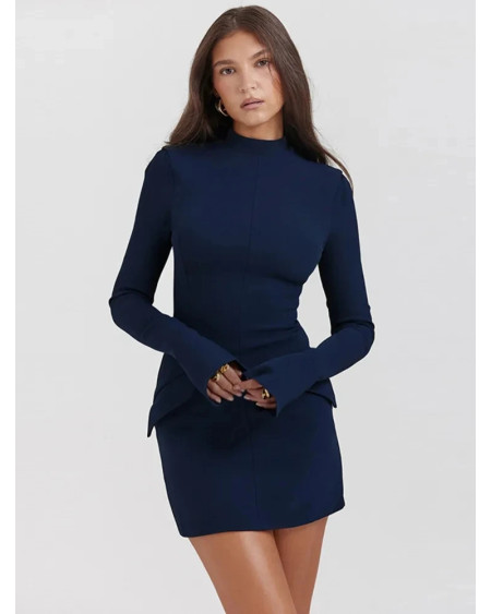 Women Elegant Dark Blue Commuting Mini Dress 2023 Autumn Sexy Pocket Long Sleeve Bodycon Dresses Lady Chic Party Club Robe