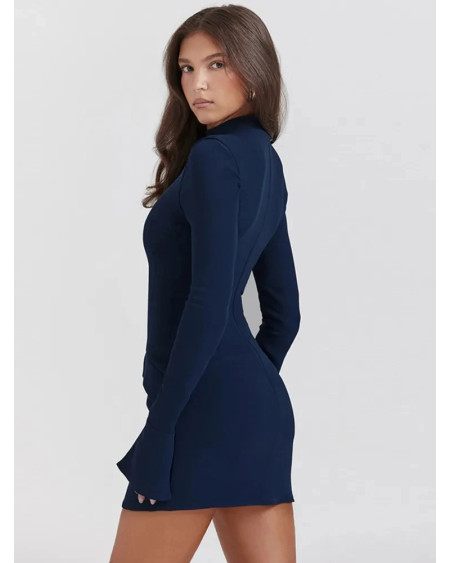 Women Elegant Dark Blue Commuting Mini Dress 2023 Autumn Sexy Pocket Long Sleeve Bodycon Dresses Lady Chic Party Club Robe