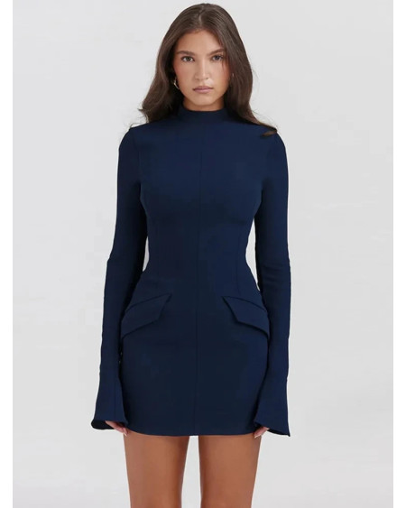 Women Elegant Dark Blue Commuting Mini Dress 2023 Autumn Sexy Pocket Long Sleeve Bodycon Dresses Lady Chic Party Club Robe