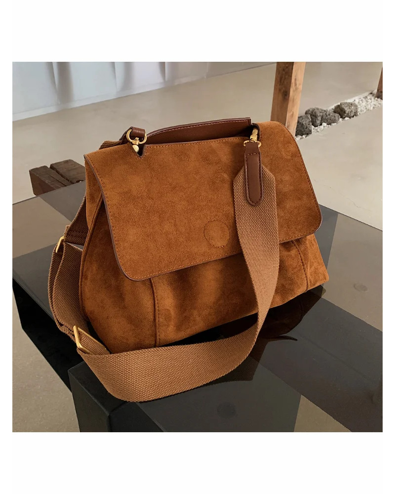 Bolsos de hombro con solapa de cuero PU nobuck para mujer